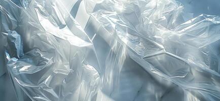 Wrinkles and folds in clear plastic sheets interact with natural light, creating fluid shapes and illuminating the surrounding area in a bright indoor space. photo