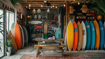 A lively surf shop showcases an array of colorful surfboards neatly arranged along the walls. Cozy seating areas invite visitors to relax and browse various surfing essentials. photo