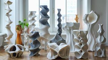 Various uniquely shaped vases in white, gray, and orange colors stand in a spacious gallery. Natural light streams through large windows, highlighting their intricate designs. photo