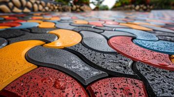 Brightly colored tiles form an intricate pattern on a walkway, glistening with rainwater, surrounded by lush greenery and vibrant flowers that enhance the atmosphere. photo