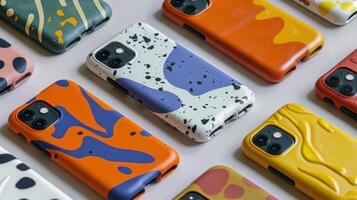 A variety of smartphone cases with unique abstract patterns and colors are neatly arranged on a table. The designs feature bright hues and playful shapes, creating a visually appealing display. photo