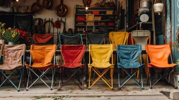 A variety of brightly colored camping chairs sit neatly in front of a charming shop filled with vintage items, showcasing a lively atmosphere during the sunny afternoon. photo