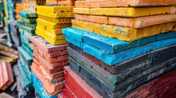 Brightly colored building materials are arranged in neat stacks at a construction site. Various shades of blue, red, orange, and green create a visually striking arrangement under clear skies. photo