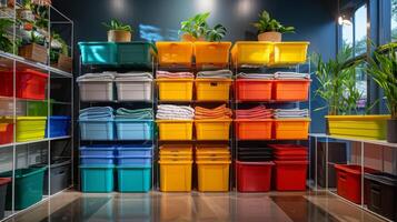 Brightly colored storage bins and neatly folded towels create an organized and inviting atmosphere. Potted plants add natural beauty to this well arranged setting. photo