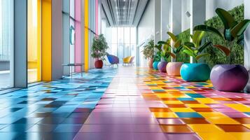 A bright and lively hallway features an array of colorful tiles in shades of blue, pink, and yellow. Modern seating is arranged thoughtfully alongside potted plants, enhancing the atmosphere. photo