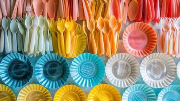 A collection of bright and colorful disposable cutlery and plates is artistically arranged in neat rows. photo