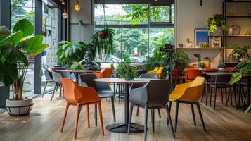 A colorful cafe features several tables surrounded by lively potted plants, creating a warm and inviting atmosphere for guests to enjoy their meals. photo