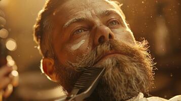 A man enjoys a meticulous beard grooming session at a barbershop, illuminated by warm golden light, creating a relaxed and inviting environment. photo