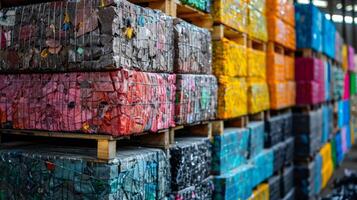 A vibrant display of recycled plastic blocks stacked on pallets in a storage facility emphasizes the importance of sustainability and recycling efforts. Different colors of plastics are visible. photo