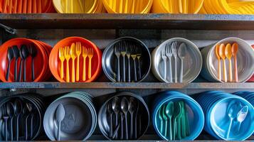 Brightly colored utensils and plates are neatly arranged on shelves in a kitchen. The display features an assortment of forks, spoons, and various plates, creating an inviting atmosphere. photo