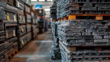 Rows of stacked black metal pallets fill a spacious industrial warehouse. The setting emphasizes organization and efficiency in material storage, typical in a manufacturing environment. photo