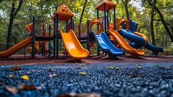 Brightly colored playground equipment features multiple slides and towers set in a serene forest park. Leaves and natural elements dot the ground, showcasing a vibrant outdoor play area. photo