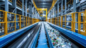 A large recycling facility showcases an assembly line where plastic bottles and containers are sorted, emphasizing the importance of waste management for sustainability. photo