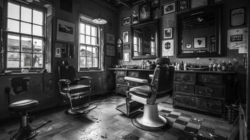 Two classic barber chairs face each other in an old fashioned barber shop filled with wall decor. Natural light streams through large windows, illuminating the rustic space. photo