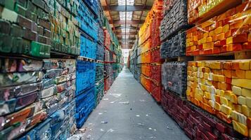 Rows of colorful materials are neatly stacked in a spacious warehouse, creating a vibrant and organized sight. The bright colors enhance the industrial atmosphere of the setting. photo