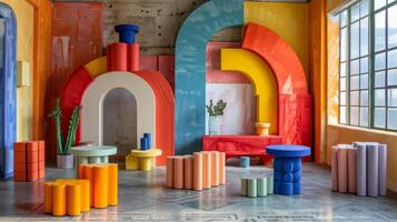 Vividly hued furniture and bold geometric shapes create an artistic atmosphere in a contemporary interior space, enhancing the location's unique architectural features. photo