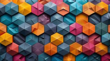 An artistic display showcases a vibrant collection of three dimensional paper shapes in various colors and patterns, creating a dynamic visual experience. photo