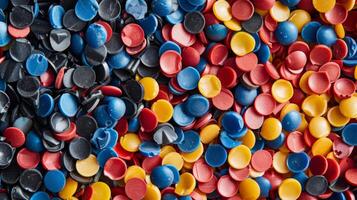 Various plastic chips in bright colors are scattered together, creating a visually appealing array of red, yellow, blue, and black. The chips vary in size and shape. photo