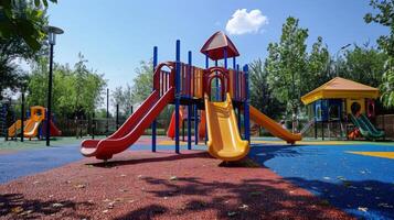 Brightly colored playground features multiple slides and climbing structures, surrounded by trees on a sunny day in a lively park atmosphere. photo