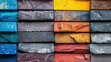 A vibrant assortment of bricks sits neatly arranged in various colors, highlighting their unique textures and surfaces in a creative workshop environment. photo