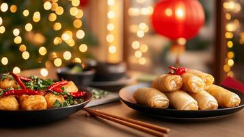 A beautifully arranged table with spring rolls and crispy snacks. photo