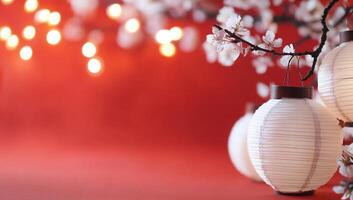 A serene scene featuring lanterns and cherry blossoms against a red backdrop. photo