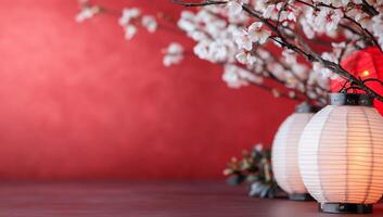 Decorative scene with cherry blossoms and lanterns on a red backdrop. photo