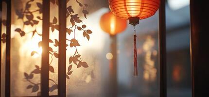 A serene scene featuring lanterns and foliage in soft light. photo