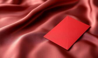 A red envelope resting on soft, luxurious red fabric. photo