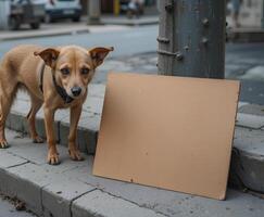 A poor dog along with a blank cardboard is looking for help on street photo