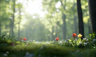 A serene forest scene with colorful flowers and soft sunlight. photo