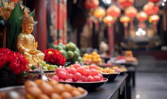 A serene altar adorned with fruits and a golden Buddha statue. photo