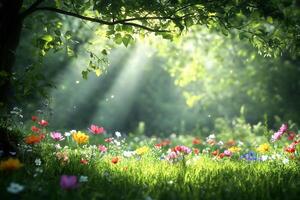 A serene forest scene with sunlight filtering through leaves and flowers. photo