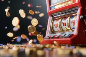 A colorful slot machine with coins and confetti scattered around. photo