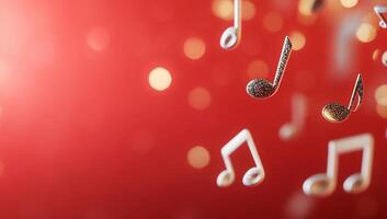 Abstract music notes against a vibrant red background with bokeh lights. photo