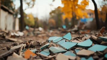 A close-up of shattered tiles amidst a desolate, overgrown area. photo