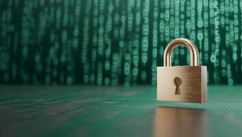 A golden padlock on a green background with binary code, symbolizing security. photo