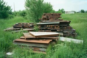 A pile of wooden planks and scraps in a grassy area. photo