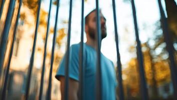 A blurred figure stands behind vertical bars in a serene outdoor setting. photo