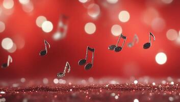 Musical notes floating against a sparkling red background. photo
