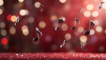 A festive background with floating musical notes and bokeh lights. photo