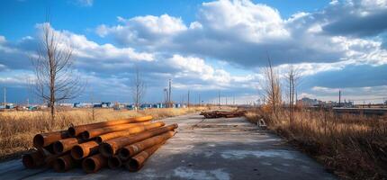 An abandoned industrial site with rusty pipes and overgrown grass. photo