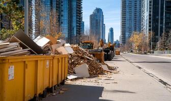 Urban scene with dumpsters and construction debris along a city street. photo