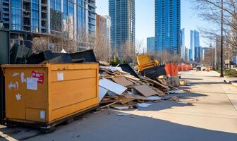 A cluttered urban scene with dumpsters and debris on a sidewalk. photo