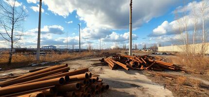 A desolate industrial area with rusty pipes and a cloudy sky. photo