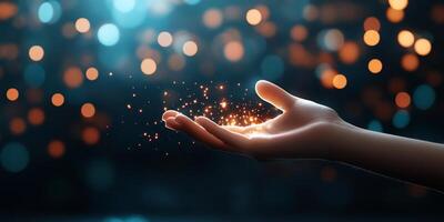 A hand releasing sparkling particles against a soft, glowing background. photo