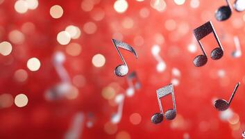 Musical notes floating over a blurred red background with bokeh effects. photo