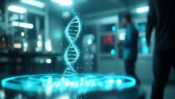 A glowing DNA helix in a laboratory setting, symbolizing genetic research. photo