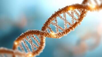 Close-up of a DNA double helix structure with glowing elements. photo