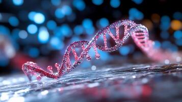A close-up of a DNA double helix model with a vibrant background. photo